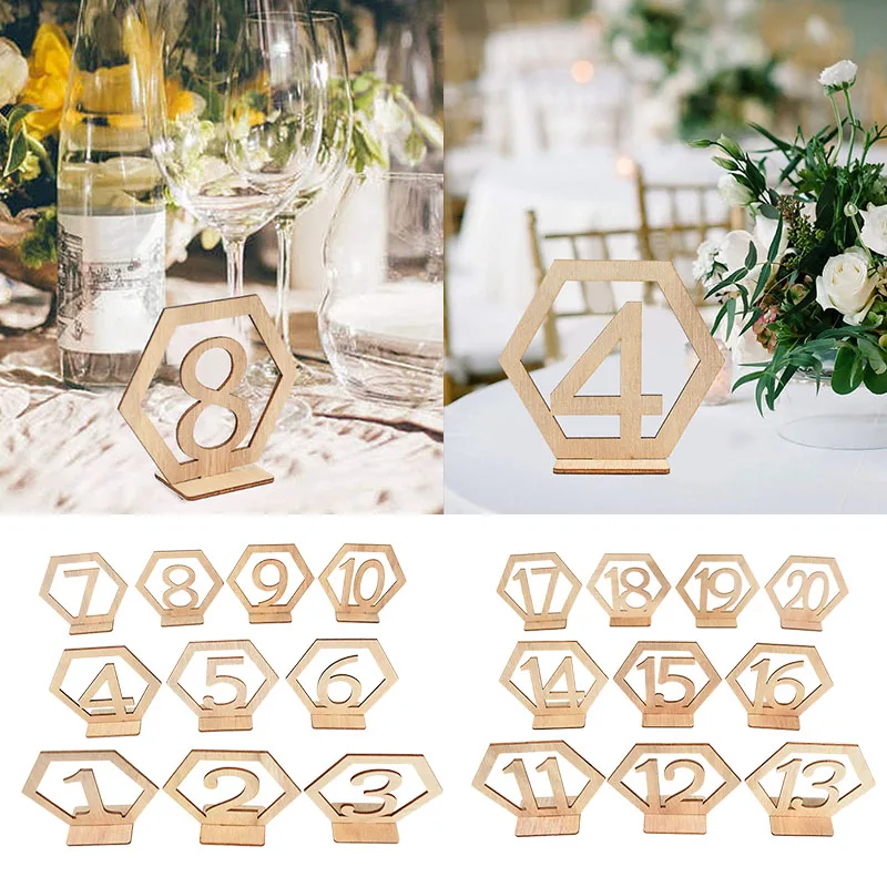 

1-20 Numbers Wood Signs Wedding Hexagon Table Number Wooden Seating Place Cards Stand Holder Seat Wedding Engagement Party Decor