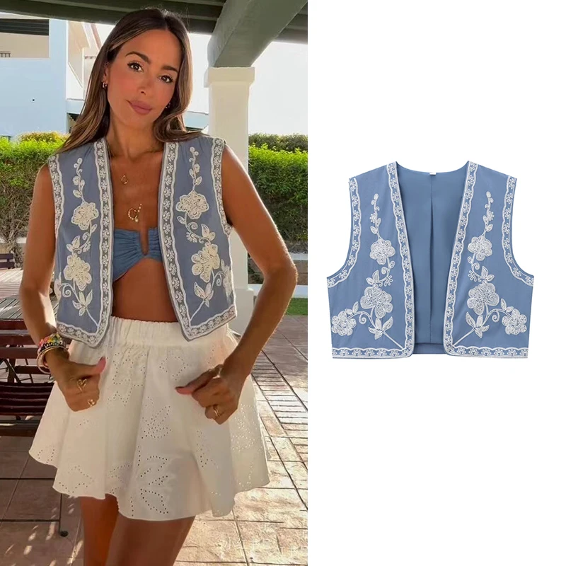 Летняя женская жилетка TRAF новинка 2024 тонкий кардиган с вышивкой модный