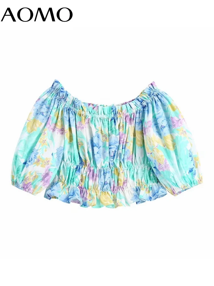 

AOMO Women Retro Print Ruffles Off Shoulder Crop Shirt 2022 Summer Chic Female Shirt Tops BE378A