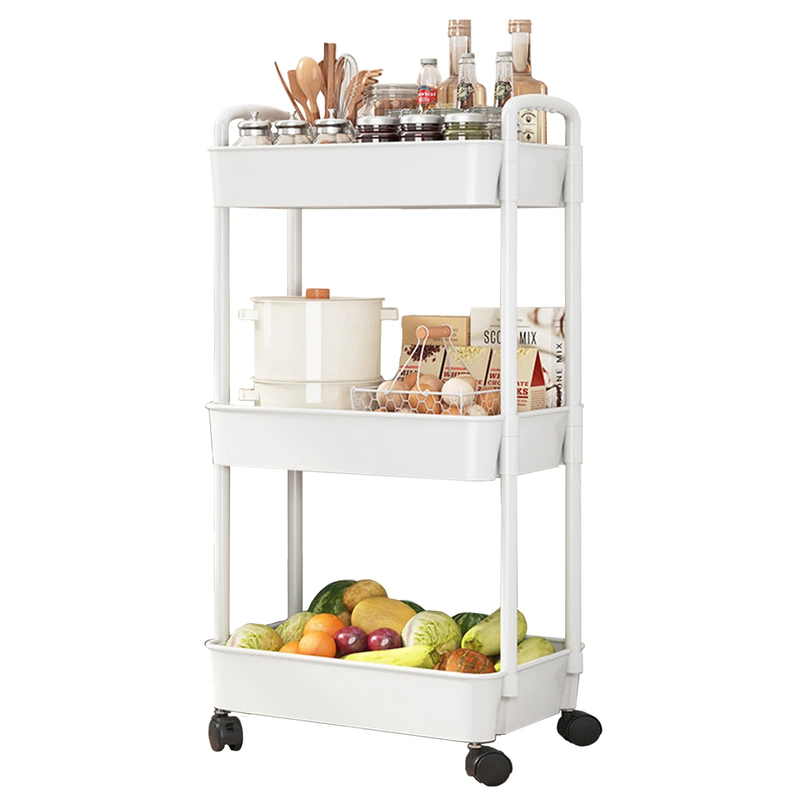 

Трехуровневая тележка, металлическая тележка с колесами для продуктов, вращающаяся тележка для хранения с ручкой и фиксирующими колесами, ...