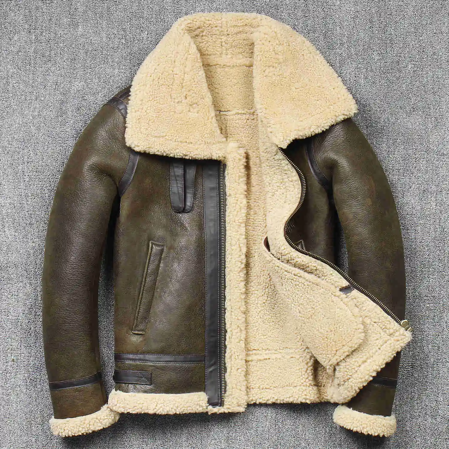 

2023 Men's Winter Aviator Real Leather Jacket Sheepskin Shearling Genuine Leather Rock Jackets High Quality B3 Bomber Male Coats