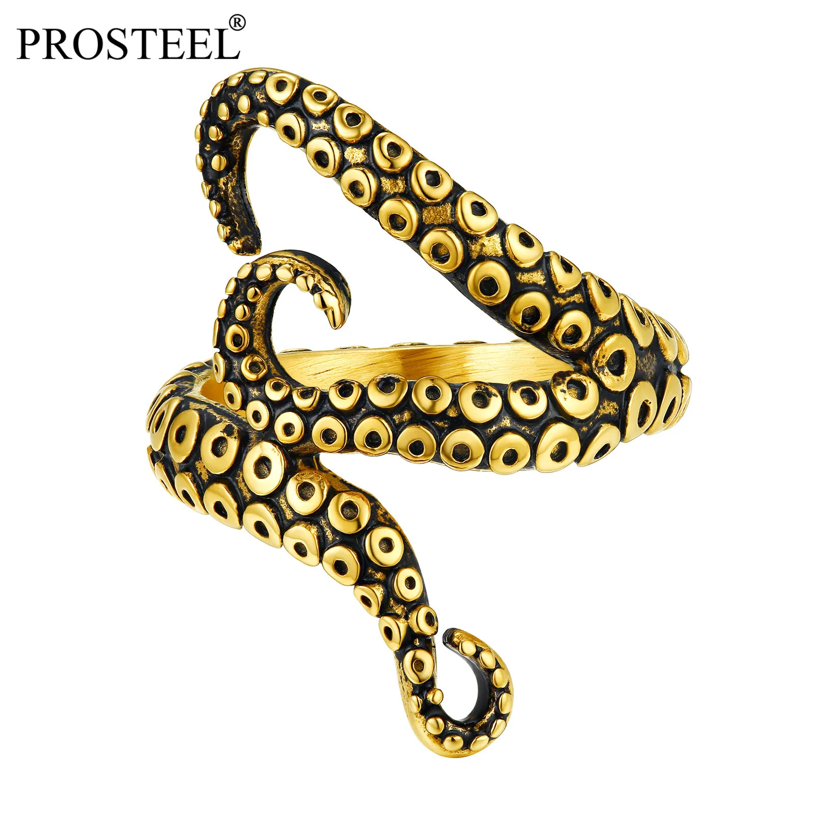 PROSTEEL Punk Octopus Animal Rings Pinky Black/18K Gold Plated 316L Stainless Steel Ring Size 7-14 for Men Boy Women PSR40028
