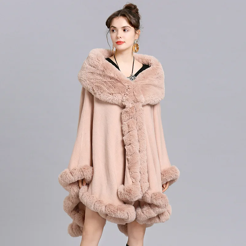Outerwear, women's cape, shawl, loose faux fur collar, knitted cardigan, shawl cape