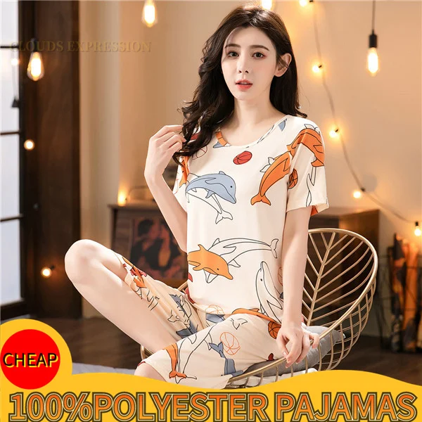 Summer Plaid Sleep Lounge Pajama Short-Sleeved Women's Set Cartoon Rabit Pyjamas Polyester Sleepwear 3XL 5XL Home Fashion