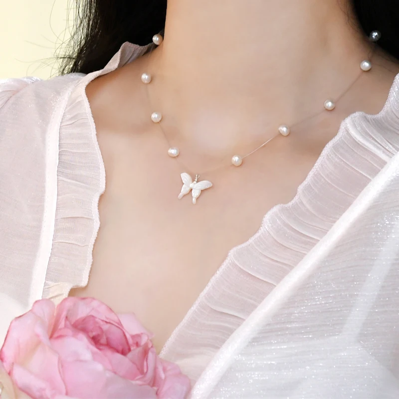 

ASHIQI Genuine Natural Freshwater Pearl butterfly necklace With 925 Sterling Silver Button Jewelry for Women