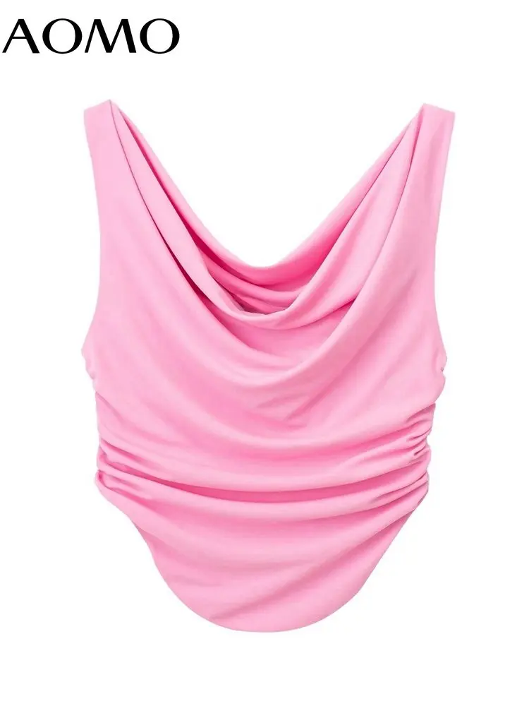

AOMO 2023 Women Pink Pleated Camis Crop Top Zipper Sleeveless Short Shirts 3H331A