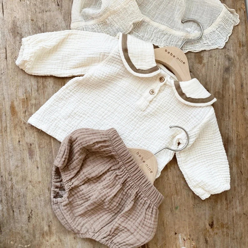 

2Pcs Baby Clothes Set Boy Girl Muslin Summer 0-5Y Baby Organic Cotton Lapel Navy Style Long Sleeve Tops Shorts Newborn Baby Sets