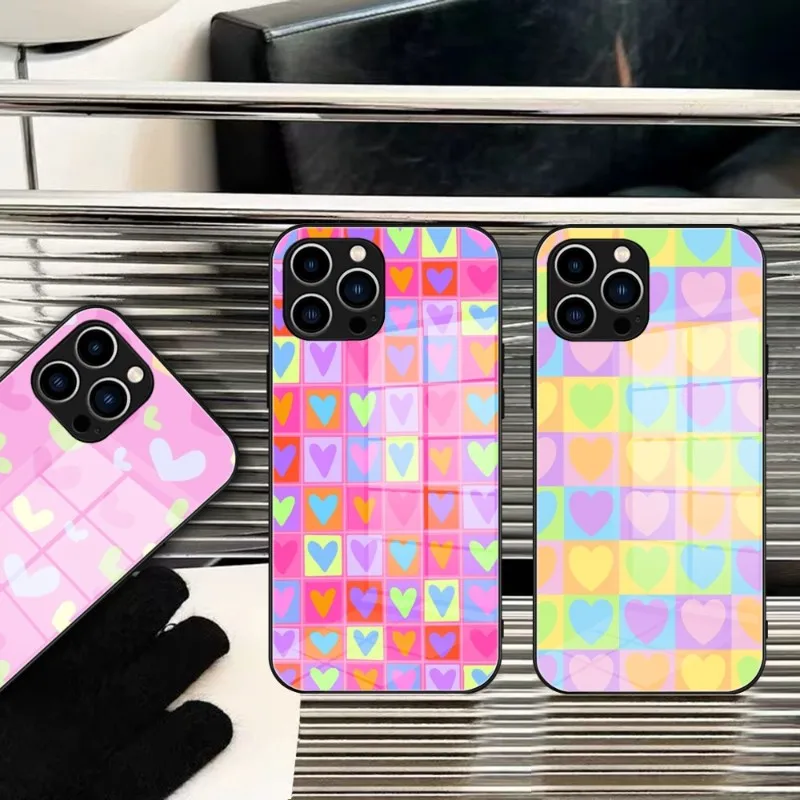 

Y2K Colorful Hearts Phone Case Tempered Glass FOR IPhone 14 13 11 12 Pro 8 7 Plus X 13 Pro MAX XR XS MINI Covers