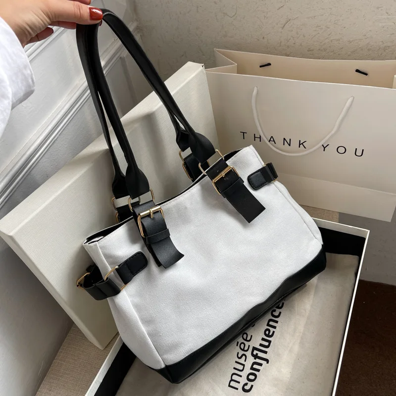 

Women Shoulder Bags 2022 Canvas Tote Bags Girls Shoppers Fashion Casual Vintage Large Capacity Contrast Color Stitching Handbags