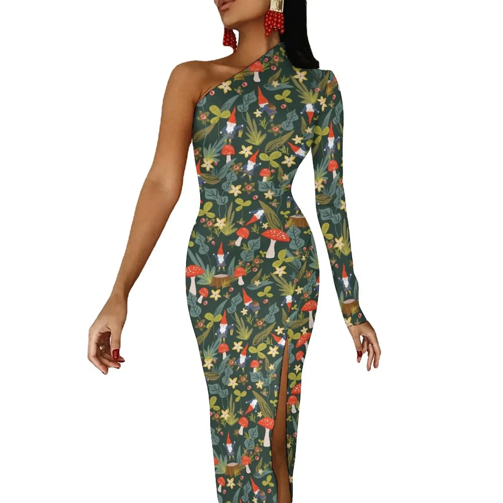 

Magic Mushroom Bodycon Dress Summer Woodland Gnomes Elegant High Slit Long Dresses Long Sleeve Graphic Aesthetic Dress