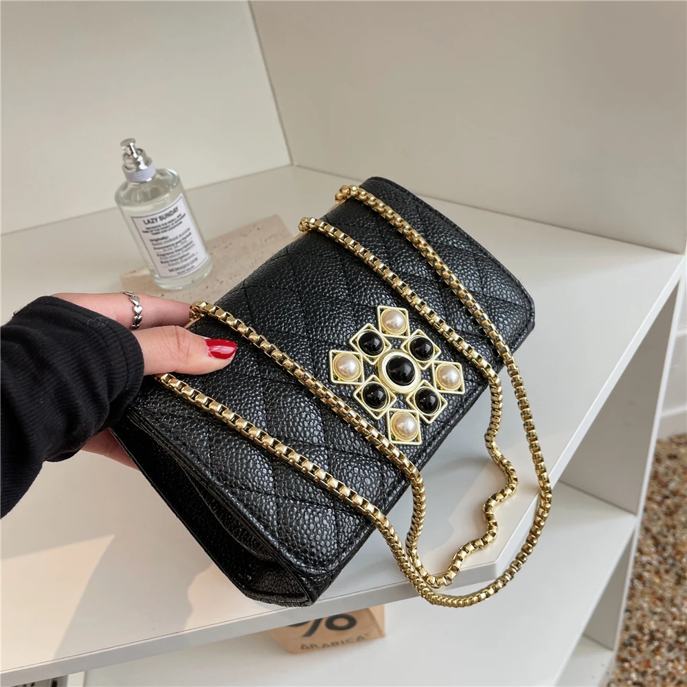 

Burminsa Trendy Pearl Quilted Chain Small Crossbody Shoulder Bags For Women Brand Designer Flap Ladies Handbags 2022 Black Beige