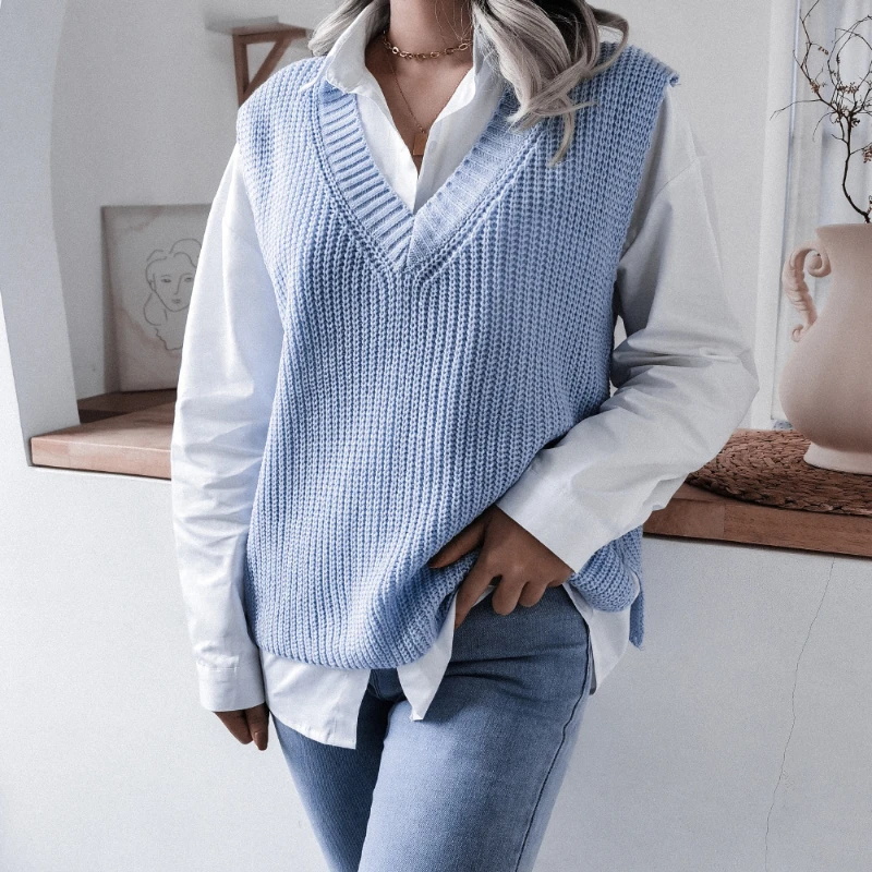 

New Vest Fashion Women Sweaters 2023 Solid Color V-neck Sleeveless Leisure Splicing Jerseys Women's Sweater Blusa