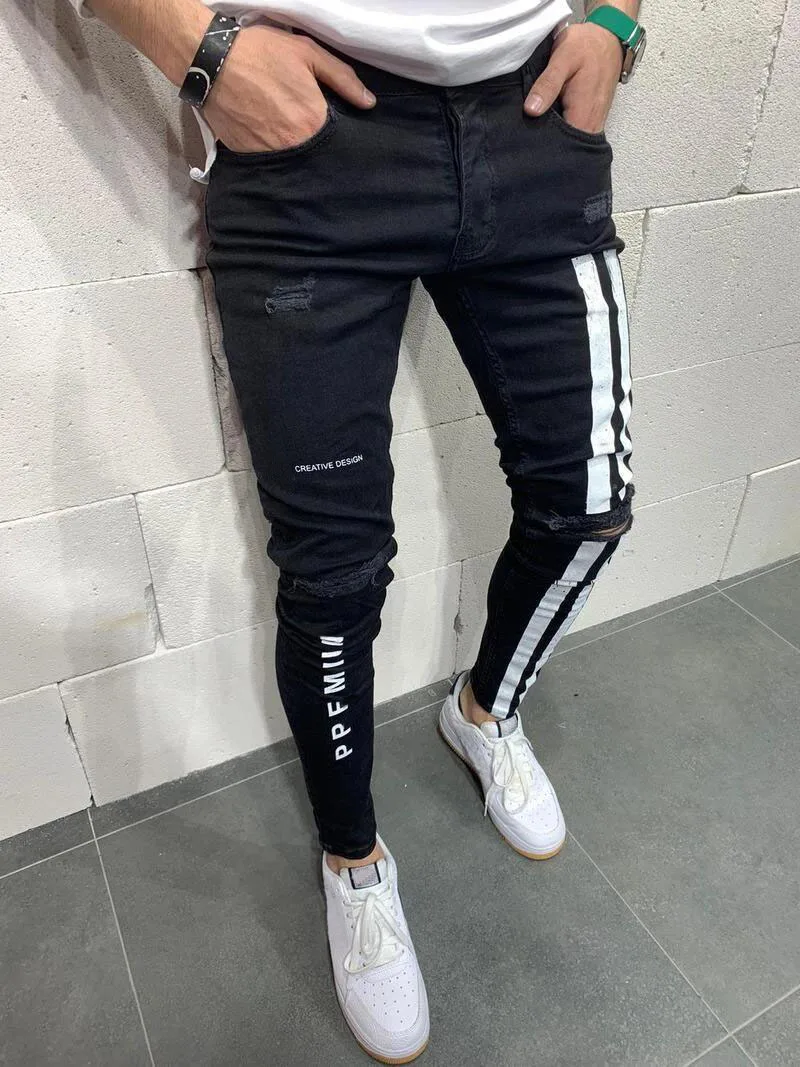Men's Jeans Casual Stretch Jeans Men's Casual Pants Four Seasons Fashion Ripped Pencil Pants Skinny Home Men's Blue New Pants