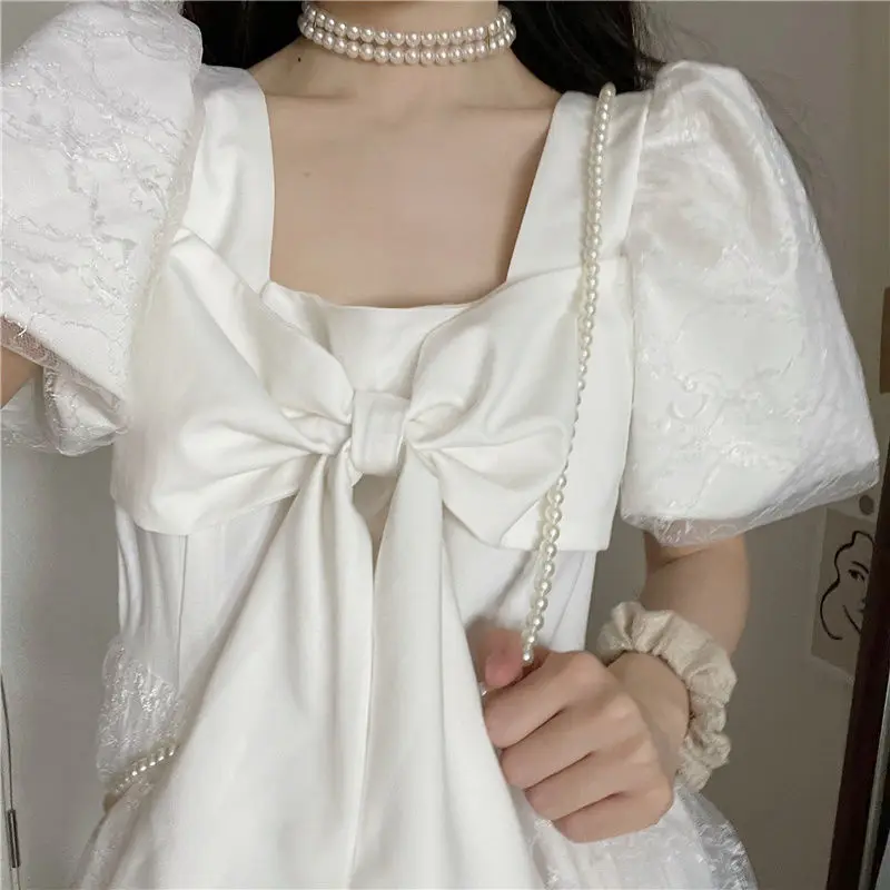 

2022 Short Sleeve White Lace Chiffon Mini Dress Summer Women Fashion Japanese Outfits Cute Bow Lolita Dress for Girl Clothing