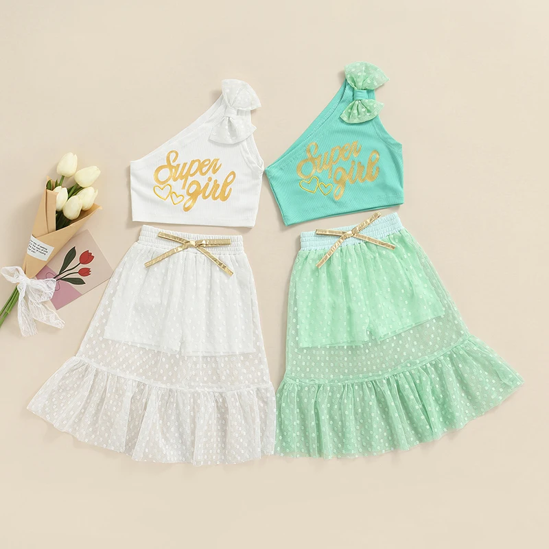 

2-7Y Fashion Kids Girls Clothes Sets One Shoulder Bow Letter Printed Vest Tops+Dots Ruffle Mesh Flared Shorts Skirts