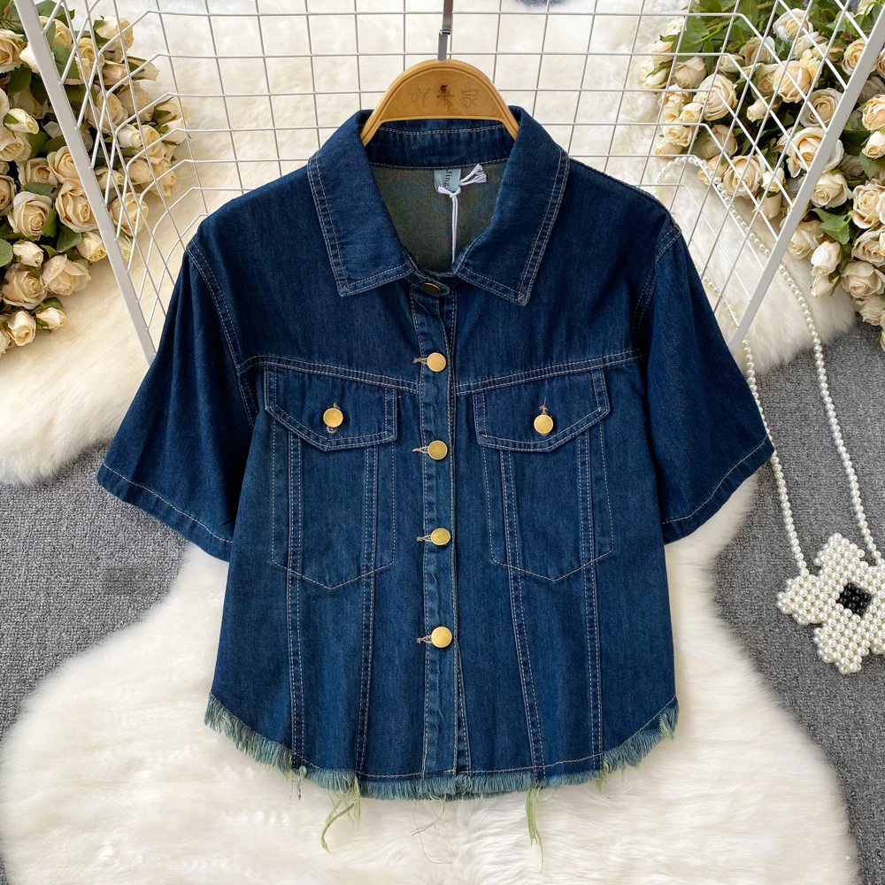 

Летняя короткая джинсовая куртка в американском стиле ретро с короткими рукавами, отложным воротником и бахромой, однобортная, повседневный короткий топ