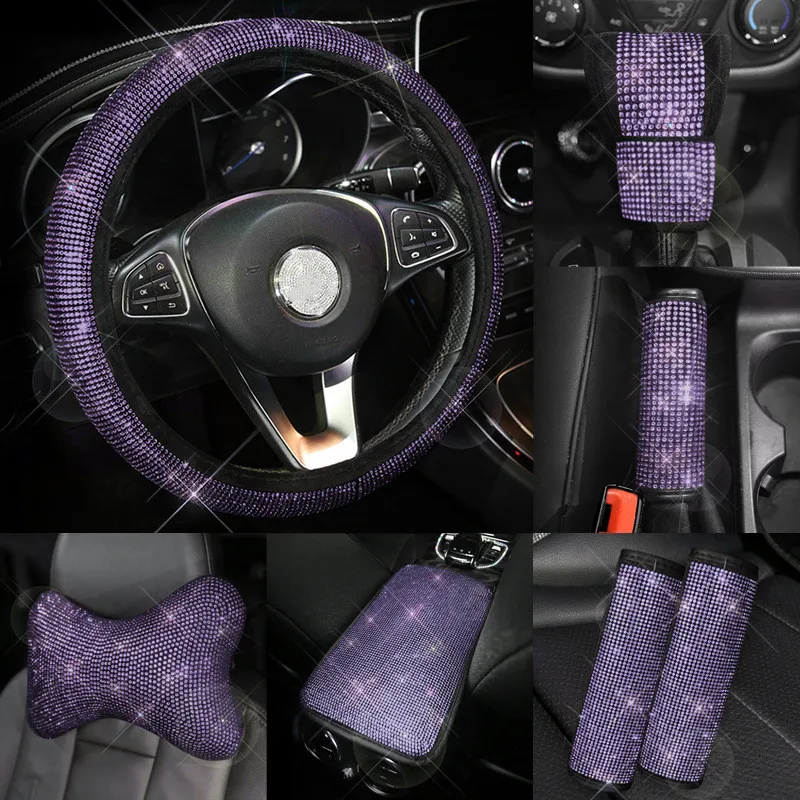 

Purple Rhinestones Hot Drilling Handbrake Gear Shift Cover Full Diamond Seat Belt Cover Car Steering Wheel Cover Neckpillow