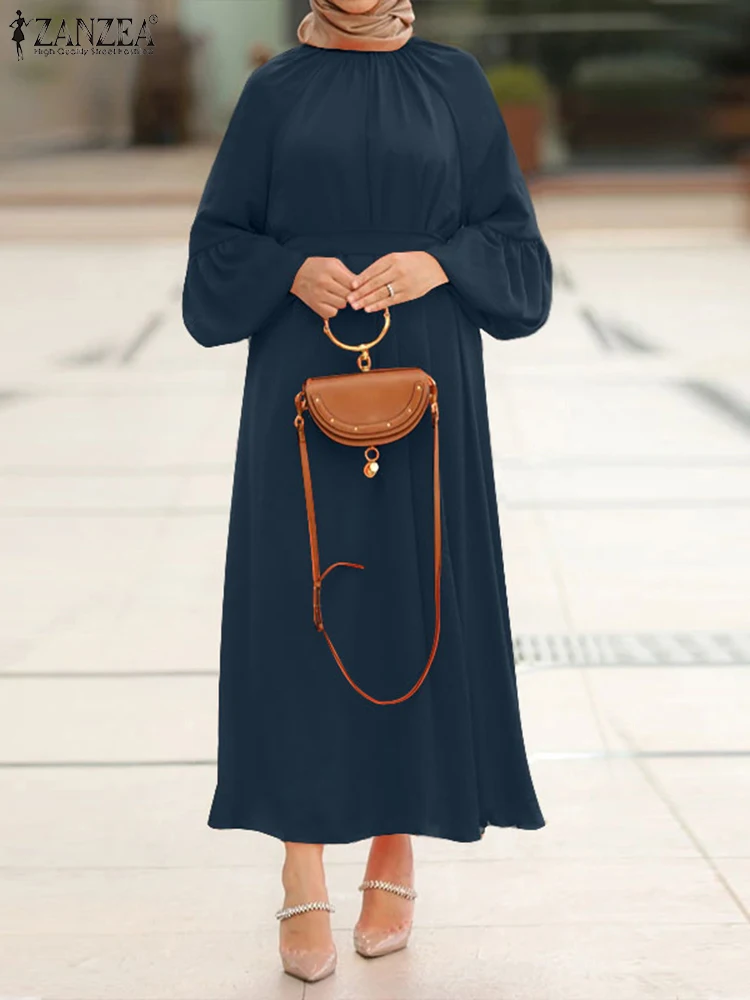 Платье ZANZEA женское с длинным рукавом и круглым вырезом, Модный повседневный элегантный однотонный праздничный сарафан, мусульманская Абая,...