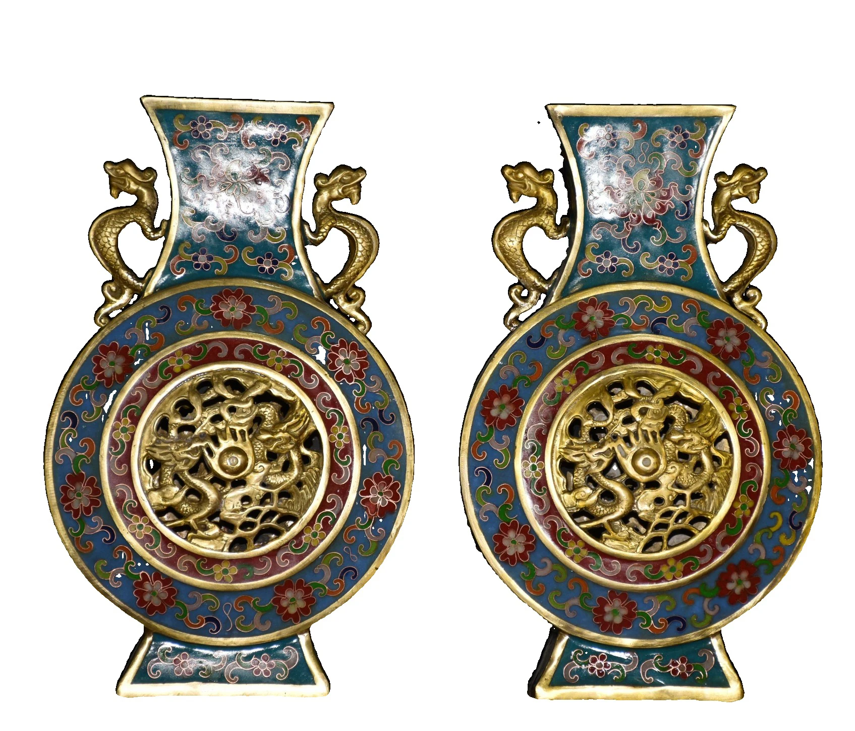 

Laojunlu A Pair Of Pure Copper And Cloisonné Filigree Gilt-Plate Dragon Vases Chinese Traditional Style Antiques Fine Art