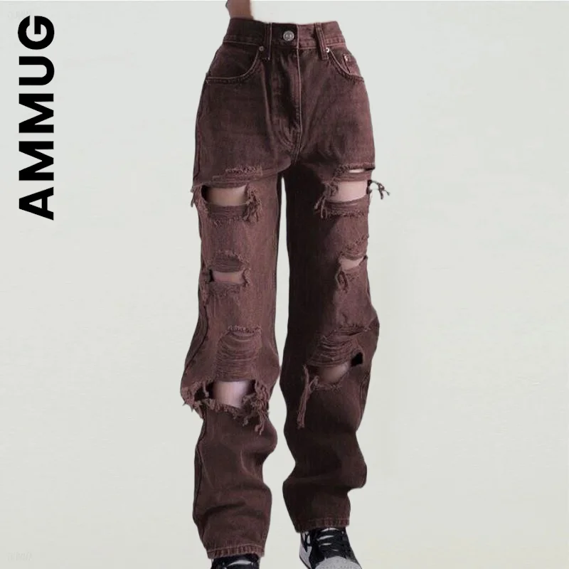 

Ammug Hole Y2k Молодежные женские джинсы с высокой талией Свободные мешковатые 2022 джинсовые брюки рваные женские джинсы синие женские брюки