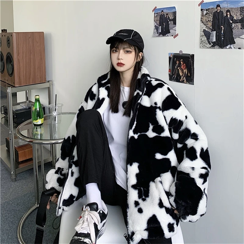 Cows Printing Loose Long Sleeve Jackets Women's Winter Lamb Wool Coat Harajuku Vintage Flannel Keep Warm Cotton Clothes Coats