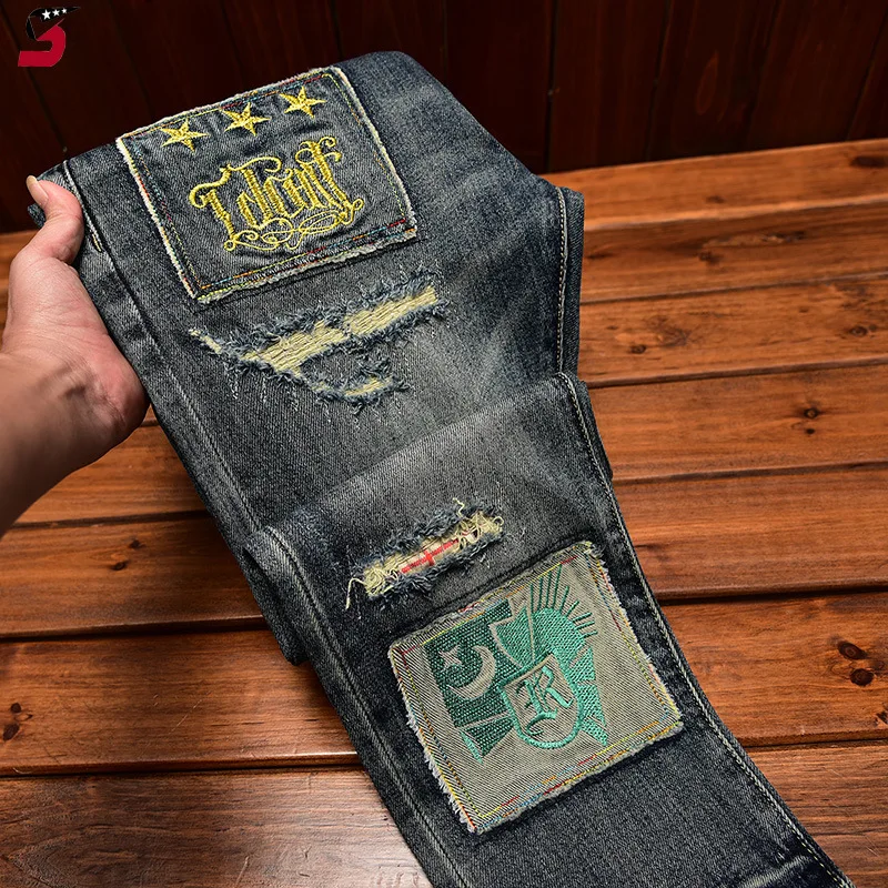 Мужские джинсы в американском стиле модные брендовые облегающие синие длинные