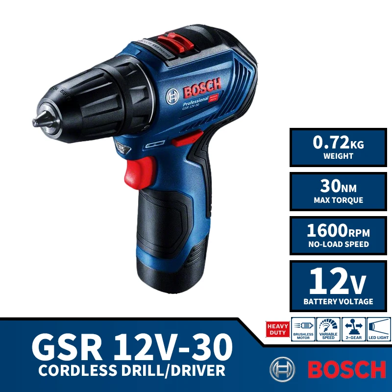 

Дрель-шуруповерт BOSCH GSR аккумуляторная, 12 В, 1600 об/мин, 30 нм