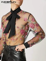 incerun 2022 sexy casual style new men tops stylish all match male see through lace rose printing long sleeve thin shirts s 5xl