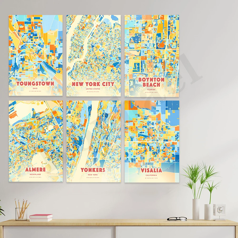 Visalia Yonkers Almere Boynton Chengdu Oxnard Нью-Йорк Youngstown Пуна Рим. Постер с цветной картой города