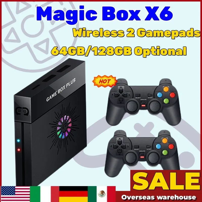 

X6 Magic Box Super Game Box Plus 4K TV Video Game Console 64GB 128GB for Psp/ps1/mame with Wireless 2 Gamepads 10000 Free Games