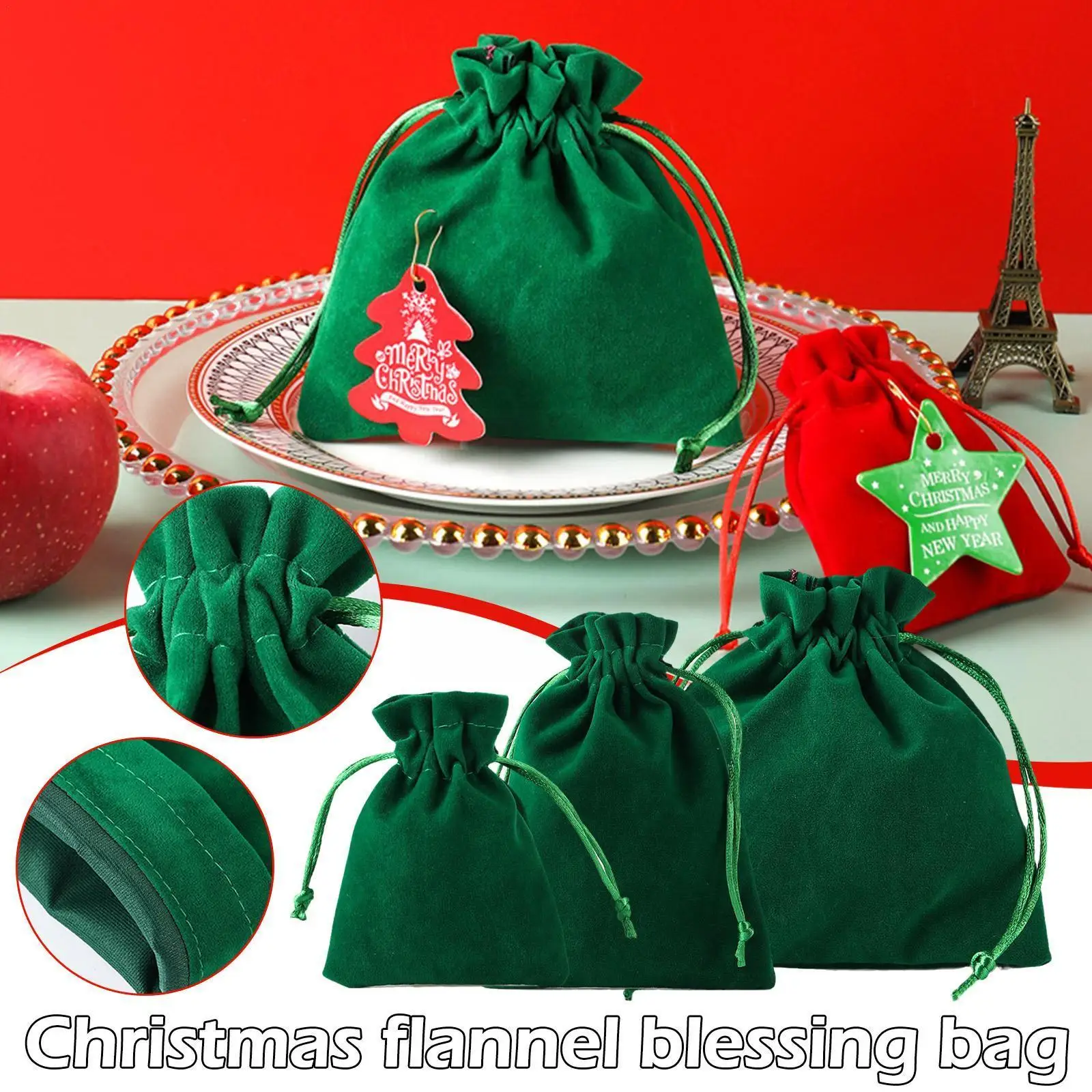 

Christmas Flannelbufu Bag Red Peace Fruit Bag Candy Pocket Bundle String Storage Wedding Gift Pull Gift L8n4