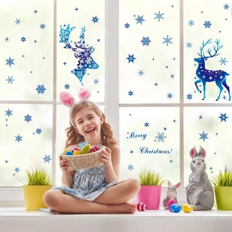 

Christmas New Year Sticker on Window Blue Elk Snowflake Stickers Winter Wall Decals New Year Sticker 2022 Christmas Window