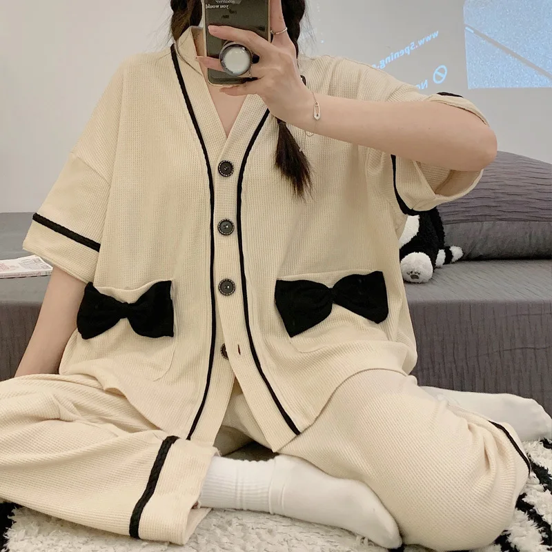 Elegant Women's Summer Waffle Cotton Pajamas Set Chic Lingeries Girl Kawaii Pijama Short Sleeve Casual Sleepwear Women's Clothes