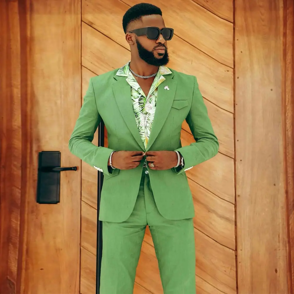 

Модный зеленый мужской костюм на одной пуговице, Мужской Блейзер, облегающие смокинги, пиджак и брюки, свадебная одежда для жениха с лацканами