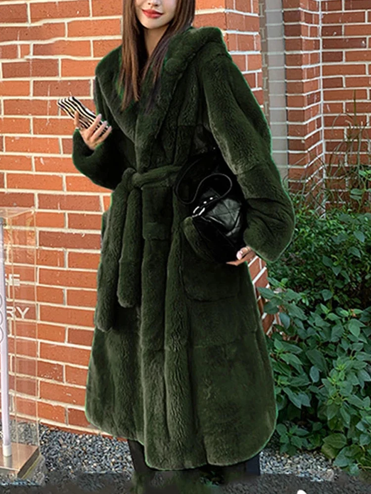 Fur Coat Faux Fur Coat Women Loose Warm Outwear Thick Winter Women Long Fur Coat With Belt Hooded Casual Mink Fur Jacket Female