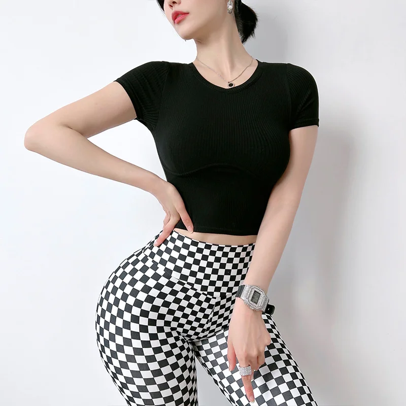 MITAOGIRL Short-sleeve Tights with Chest Pad Running Yoga Clothes Sports T Shirt for Women Running Quick Dry Tops Women Clothing