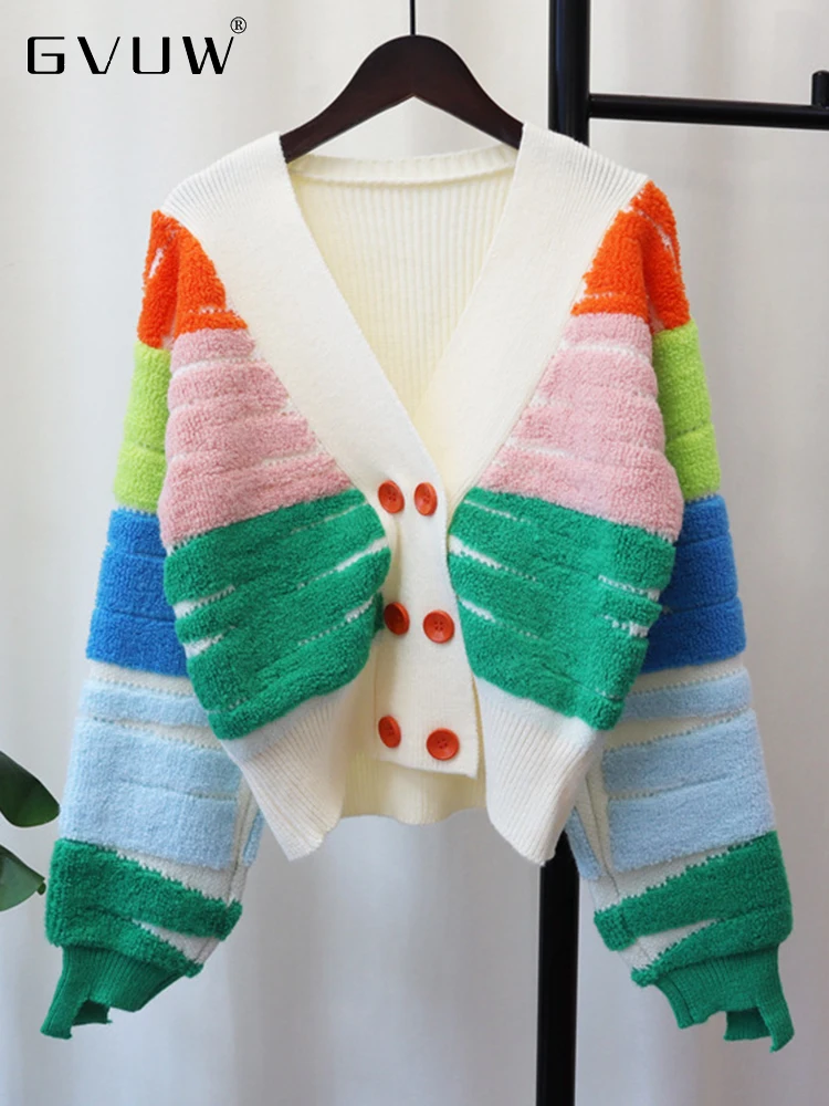 

Женский трикотажный кардиган контрастных цветов GVUW, Новинка осени 2023, свободный мягкий свитер в Корейском стиле с V-образным вырезом и длинными рукавами, 17G2207