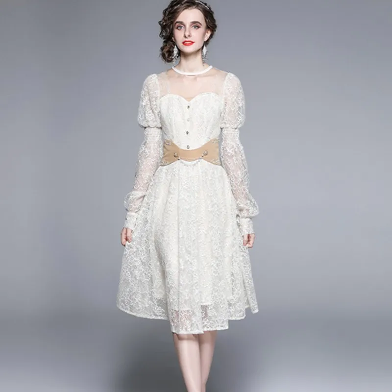 

2022 Runway Temperament Woman Lace Dress Vintage Crochet Floral Hollow Out long Sleeve Girdle High-End Dress Vestidos