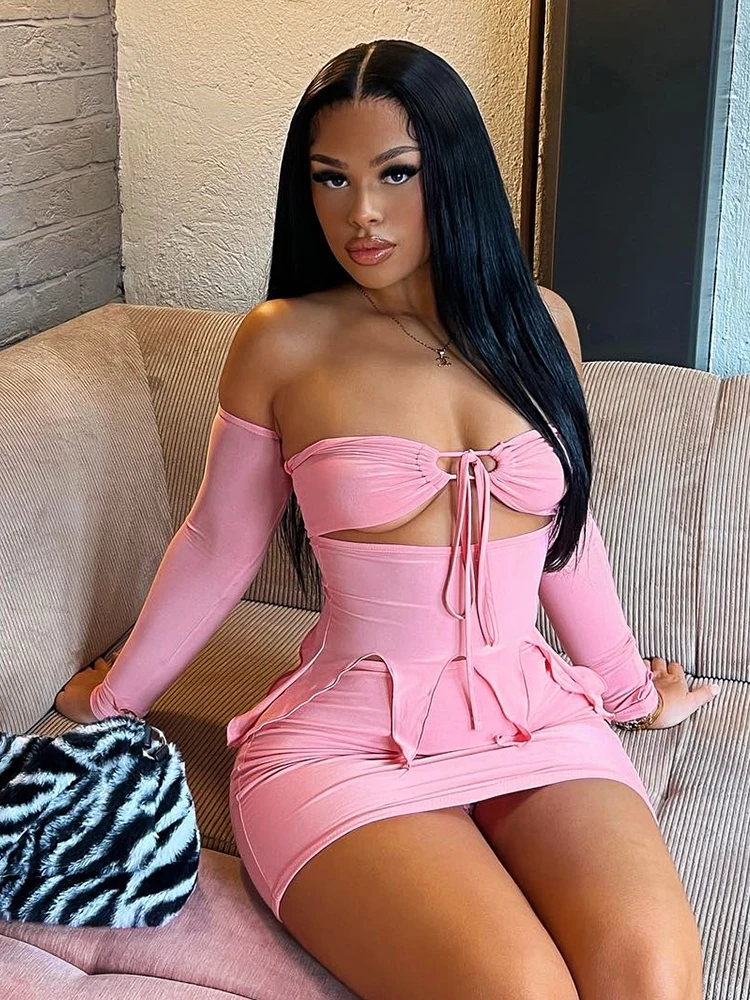 

Bolopi Crop Top Mini Skirt 2 Pieces Set 2023 Bandage Hollow Out Tassels Y2K Outfits Solid Club Streetwear