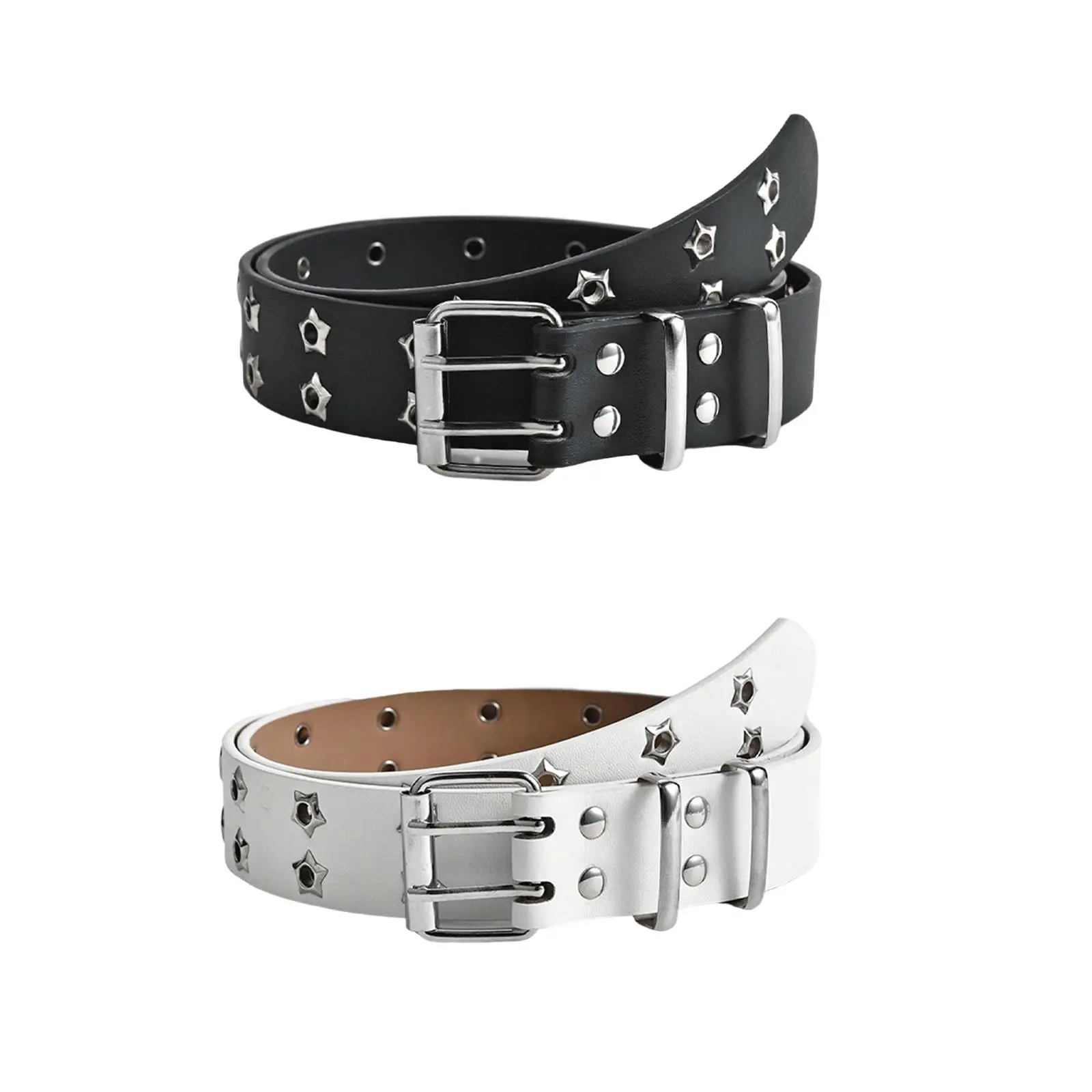 

Womens Double Grommet Belt Gothic Leather 2 Hole Wide Belt Versatile Punk Waist Belt for Club Halloween Party Jeans Cosplay