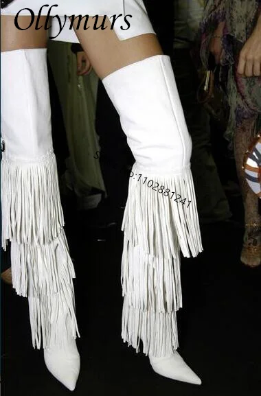 

Новинка, высокие тонкие сапоги ollywalls выше колена с бахромой, модные сексуальные длинные сапоги с бахромой и острым носком, мотоциклетные сапоги, женская обувь