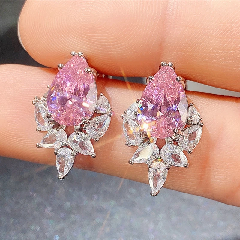 

Brilliant Drop Cut Pink Topaz Cubic Zirconia Stud Earrings For Women Wedding Jewelry Charming Earrings
