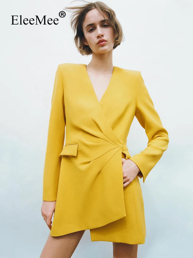 

Женский блейзер EleeMee, длинное Плиссированное желтое модное офисное платье с V-образным вырезом, Новое поступление 2022, Женское пальто
