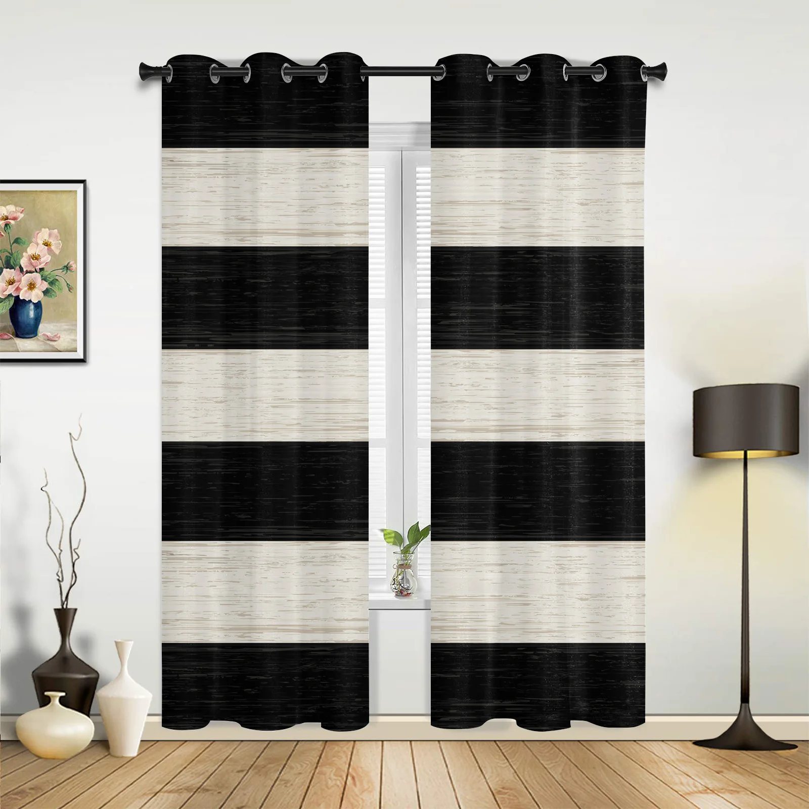 

Оконные шторы в черно-белую полоску с текстурой древесины, занавески для гостиной, кухни, Современный домашний декор, драпировки для спальн...