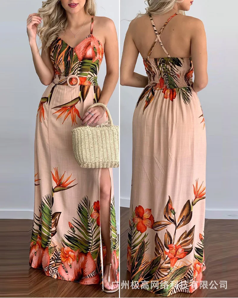 

2022 Summer Woman Elegant A-Line Sexy High Silt Spaghetti Straps Criss Cross Maxi Sleeveless Vacation Dresses