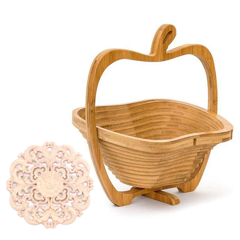 

1 Pcs Rubber Wood Carved Long Applique Cabinets Door Decor & 1 Pcs Wooden Collapsible Apples Shape Basket