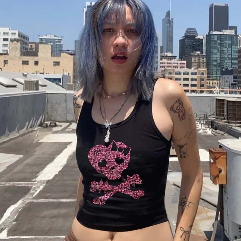 

Vintage Punk Pink Rhinestone Letter Gothic T Shirt Women Y2k Style Tank Top T Shirt Black Streetwear Short Sleeve T Shirt