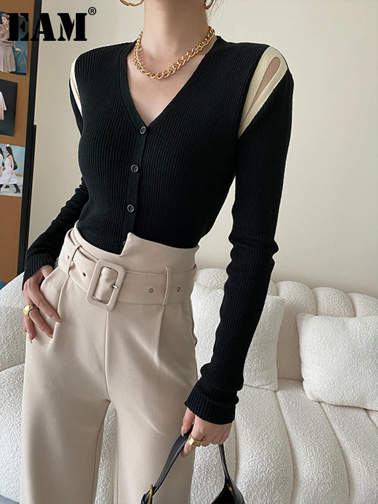 

[EAM] Cut-out Slim Knitting Cardigan Sweater Loose Fit V-Neck Long Sleeve Women New Fashion Tide Autumn Winter 2023 1DF1570