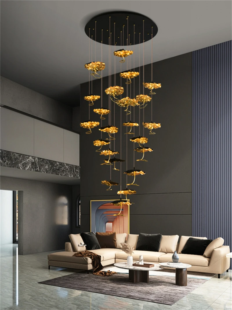 

Modern Copper Lotus Staircase LED Chandelier Luxury Large Leaf Villa Stair Lighting Fixtures Minimalism Home Indoor Hanging Lamp