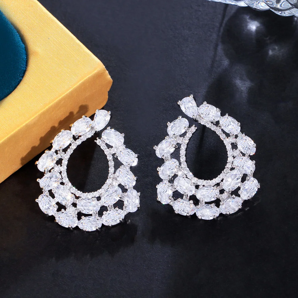 

CWWZircons Sparkling White Oval Round Cubic Zirconia Women Big Stud Earrings Silver Plated Ladies Party Costume Jewelry CZ355